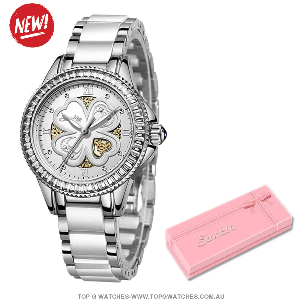 Four Leaf Clover Sunkta Rose Gold Luxury Dress Fashion Quartz Bracelet Watch - Top G Watches