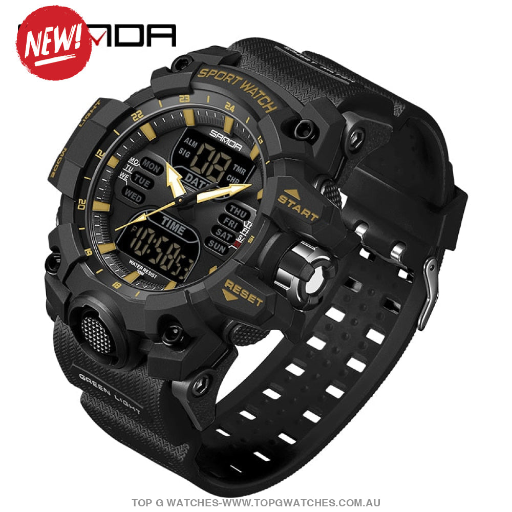 Sanda G-Style Sports Shock Dual Display Waterproof Digital Quartz Wristwatch Black Gold Mens Watches