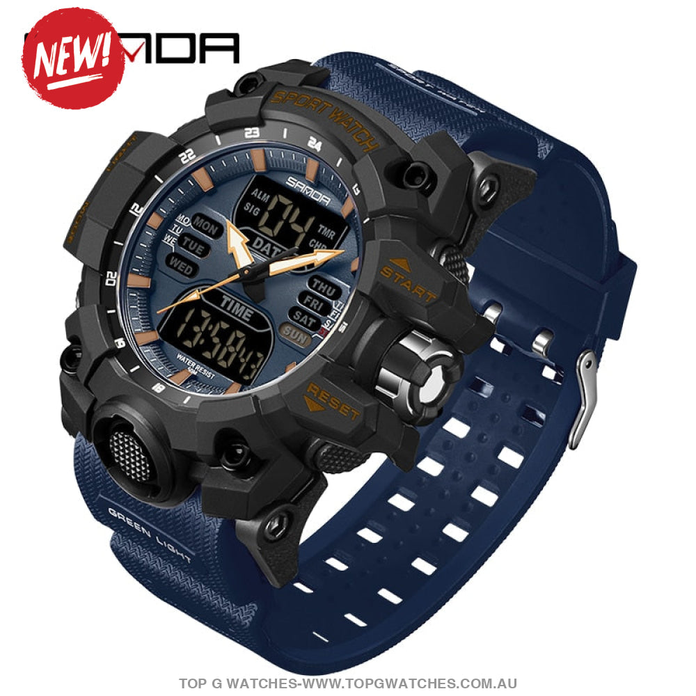 Sanda G-Style Sports Shock Dual Display Waterproof Digital Quartz Wristwatch Blue Black Mens Watches