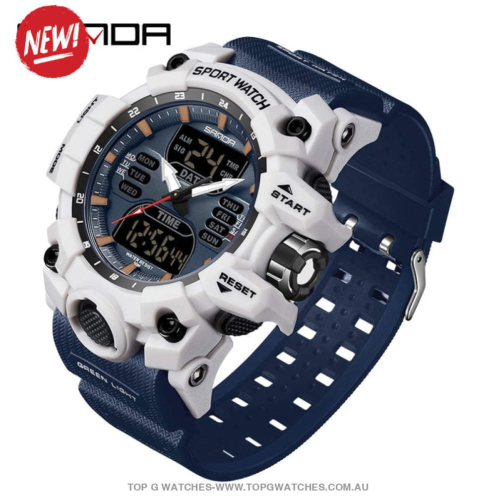 Sanda G-Style Sports Shock Dual Display Waterproof Digital Quartz Wristwatch Blue White Mens Watches