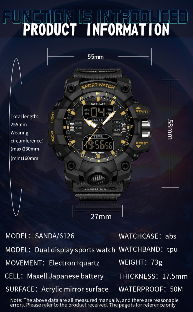 Sanda G-Style Sports Shock Dual Display Waterproof Digital Quartz Wristwatch Mens Watches