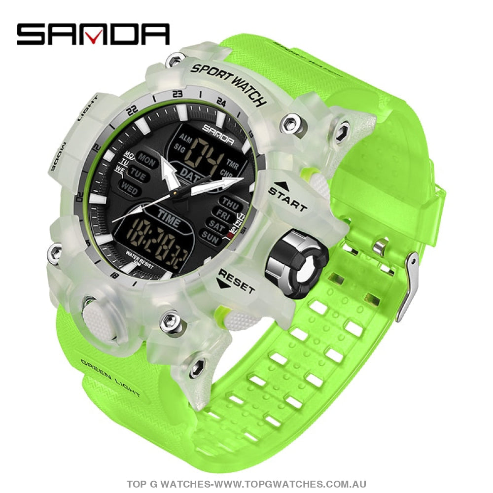 Sanda G-Style Sports Shock Dual Display Waterproof Digital Quartz Wristwatch Green Mens Watches