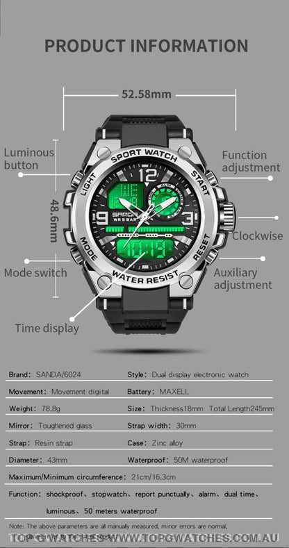 G-Sports Military Concept Sanda 5ATM Waterproof Sport Military Dual Digital Quartz Watch - Top G Watches