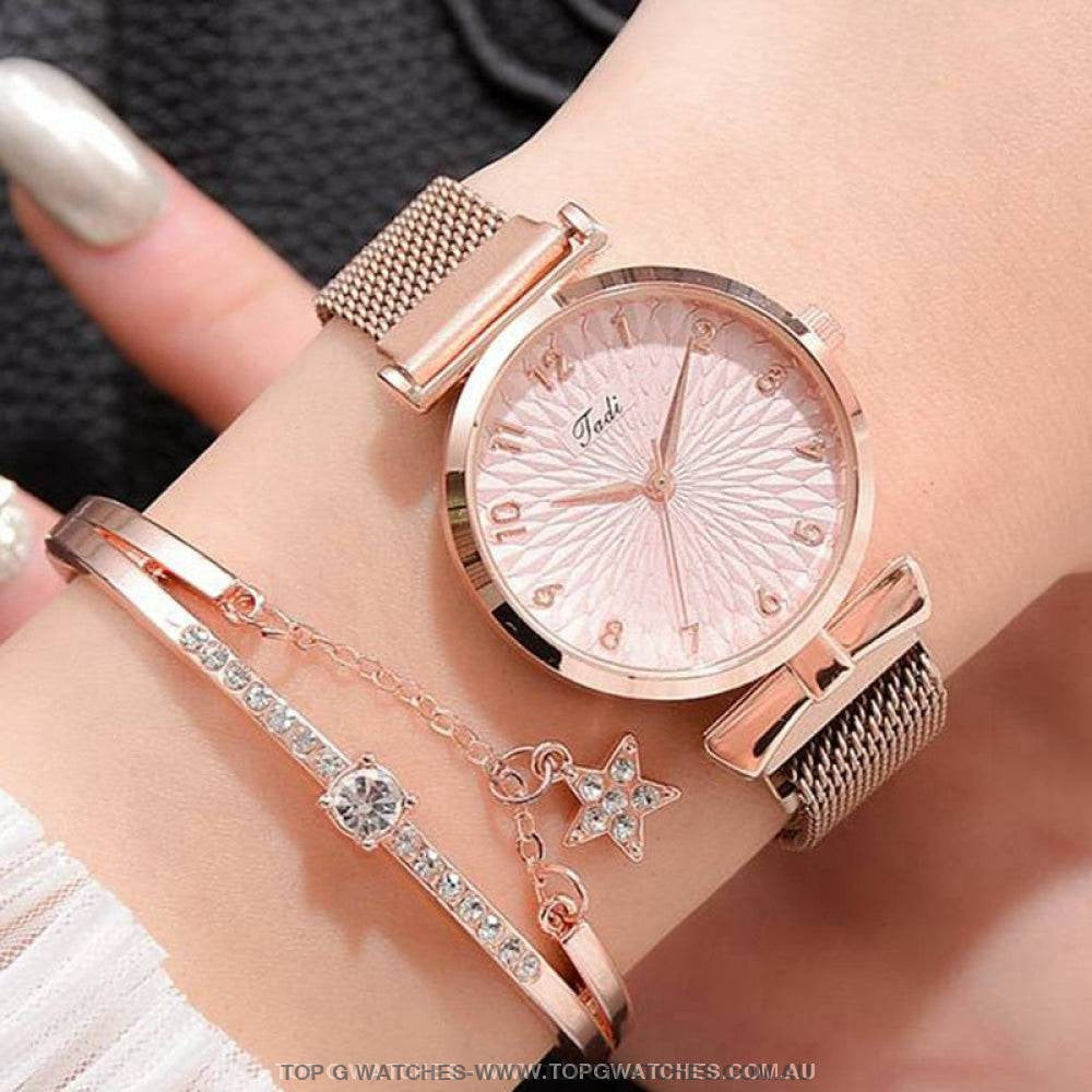 Gold Luxury Quartz Ladies' Fashion Dress Casual Wristwatch & Bracelet Combo Set - Top G Watches