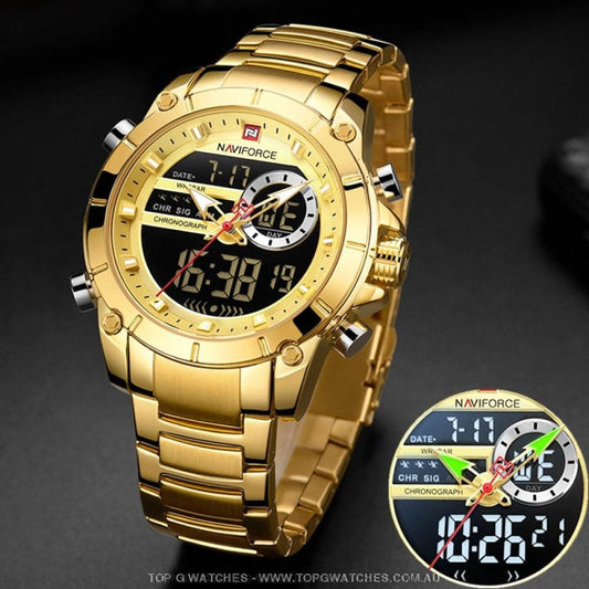 Gold NaviForce Men Sports Dual Analogue Quartz Digital 3ATM Waterproof Watch - Top G Watches