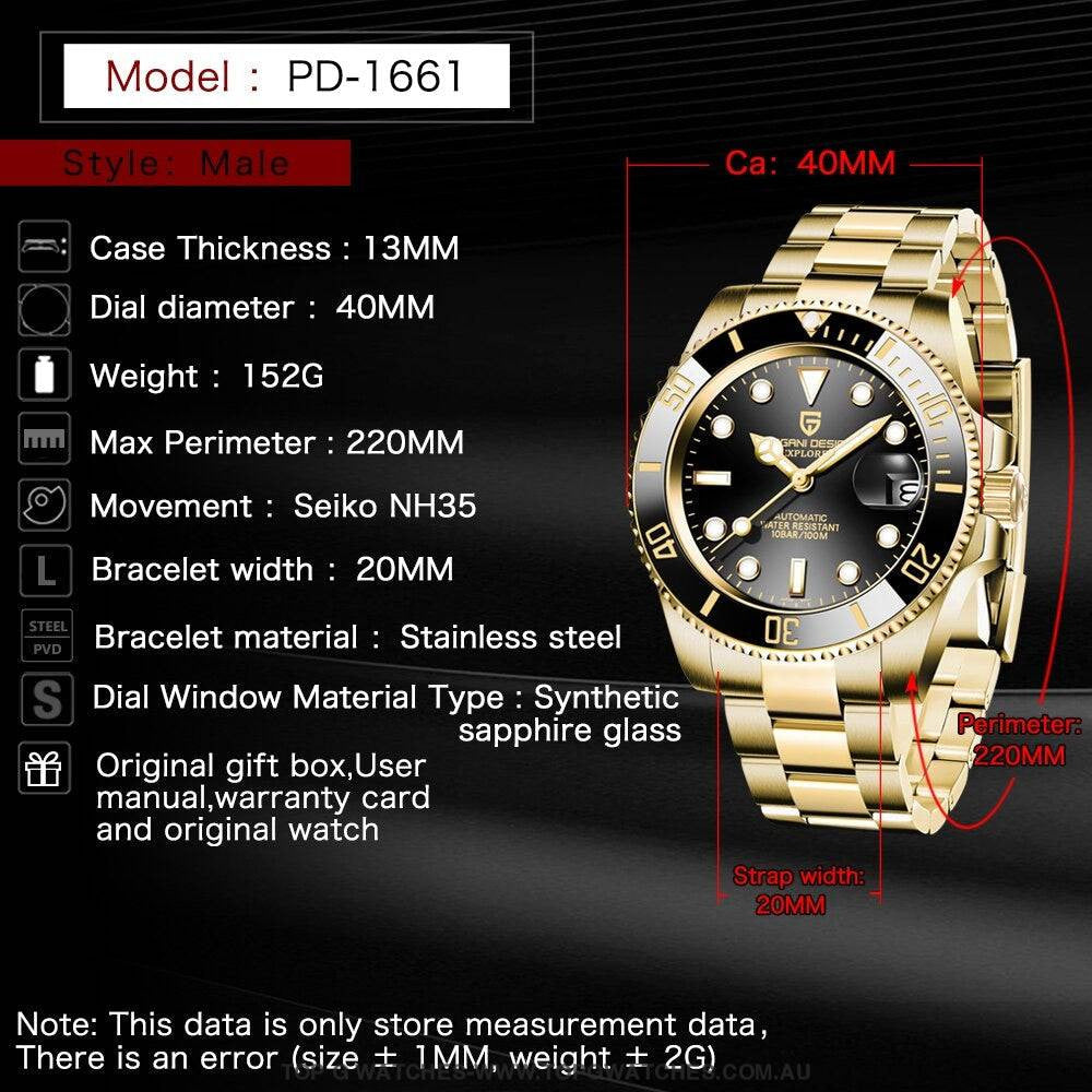 Gold Pagani Design Sapphire Crystal 100M Automatic Mechanical PD-1661 Wrist Watch - Top G Watches