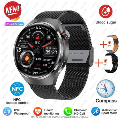 Pro GT4 Health GPS Sports Fitness Tracker Digital Companion - NFC Cardless Glucose Blood Sugar Analysis Bluetooth AMOLED Smartwatch - Top G Watches