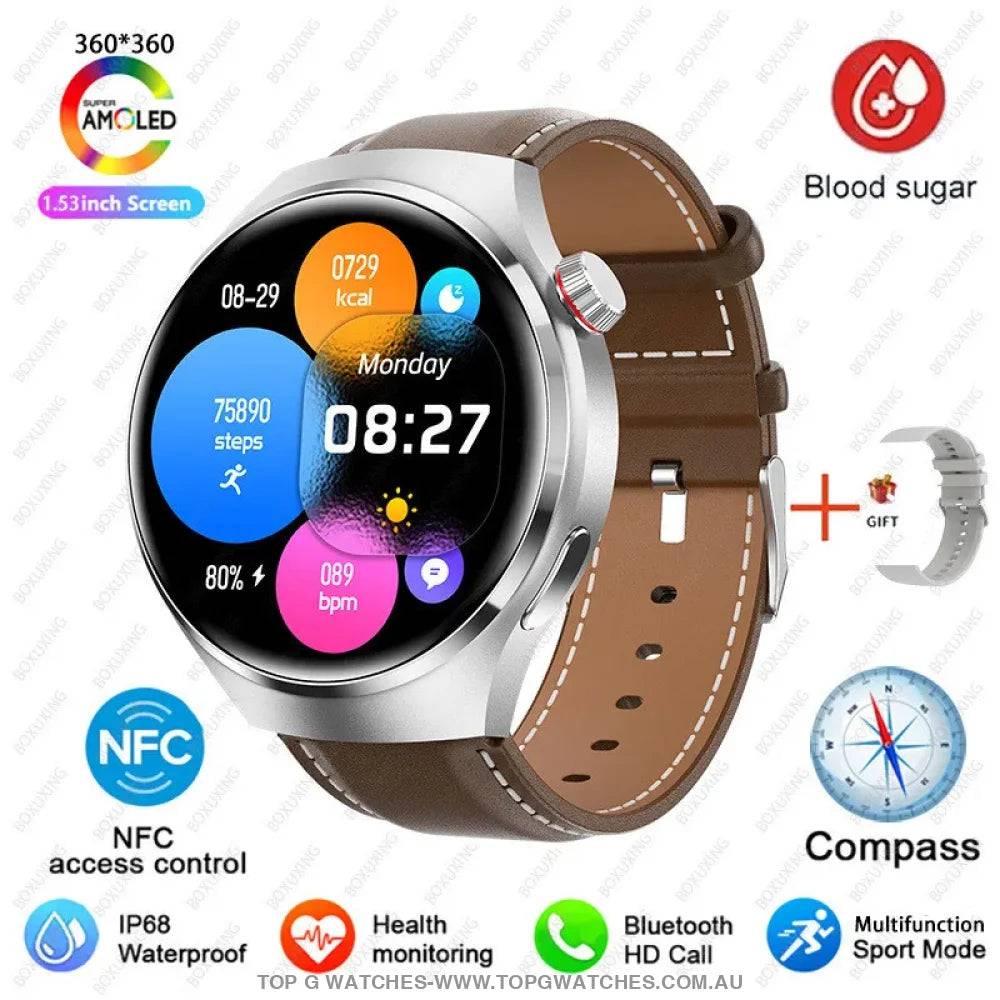 Pro GT4 Health GPS Sports Fitness Tracker Digital Companion - NFC Cardless Glucose Blood Sugar Analysis Bluetooth AMOLED Smartwatch - Top G Watches