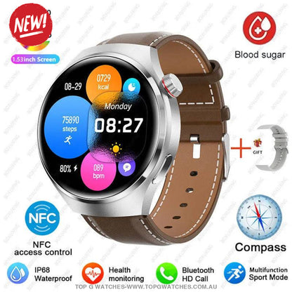 Pro GT4 Health GPS Sports Fitness Tracker Digital Companion - NFC Cardless Glucose Blood Sugar Analysis Bluetooth AMOLED Smartwatch - Top G Watches