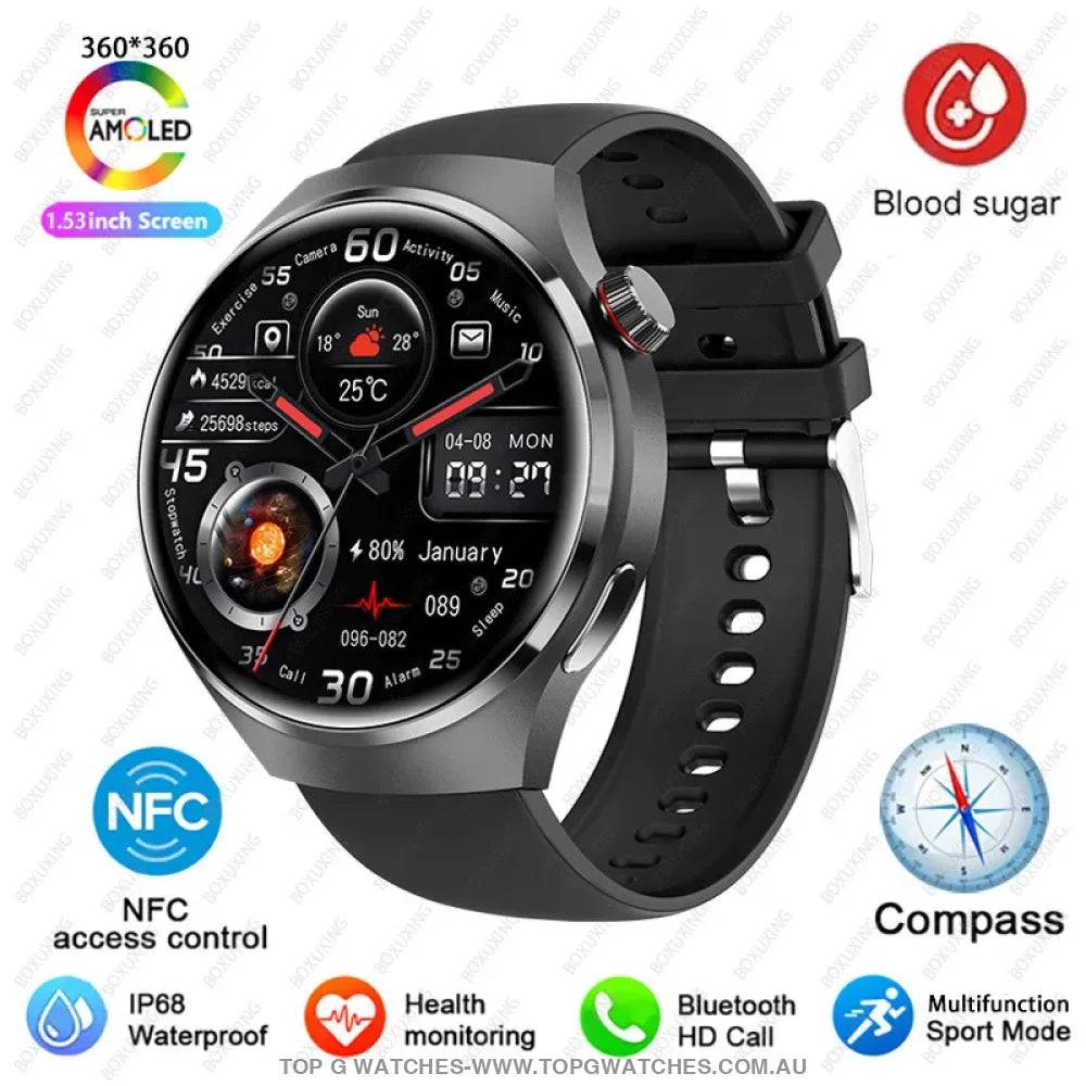 Pro GT4 Health GPS Sports Fitness Tracker Digital Companion - NFC Cardless Glucose Blood Sugar Analysis Bluetooth AMOLED Smartwatch - Top G Watches