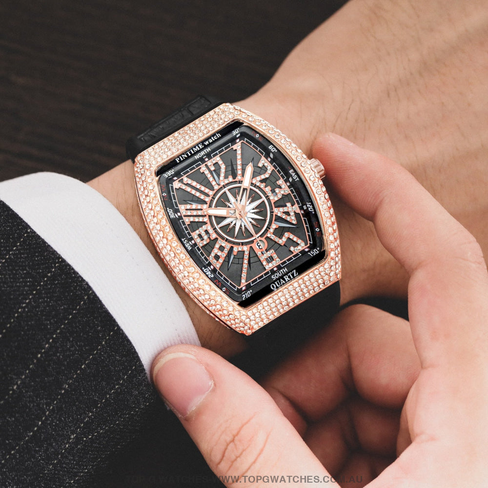 New PINTIME Luxury Fashion Iced Out Diamond Bezel Tonneau Waterproof Quartz Wristwatch - Top G Watches