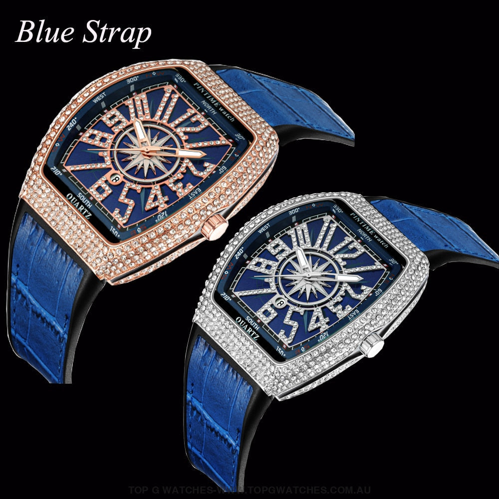 New PINTIME Luxury Fashion Iced Out Diamond Bezel Tonneau Waterproof Quartz Wristwatch - Top G Watches