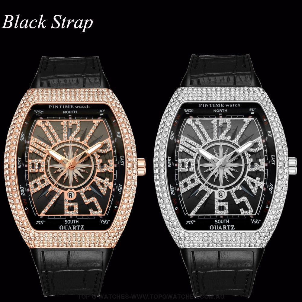 New PINTIME Luxury Fashion Iced Out Diamond Bezel Tonneau Waterproof Quartz Wristwatch - Top G Watches