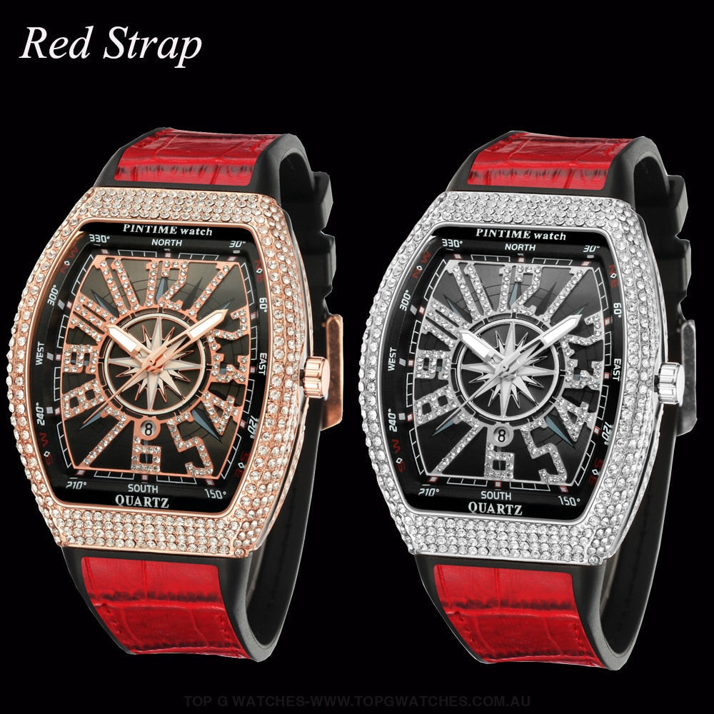 New PINTIME Luxury Fashion Iced Out Diamond Bezel Tonneau Waterproof Quartz Wristwatch - Top G Watches