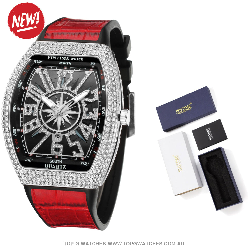New PINTIME Luxury Fashion Iced Out Diamond Bezel Tonneau Waterproof Quartz Wristwatch - Top G Watches