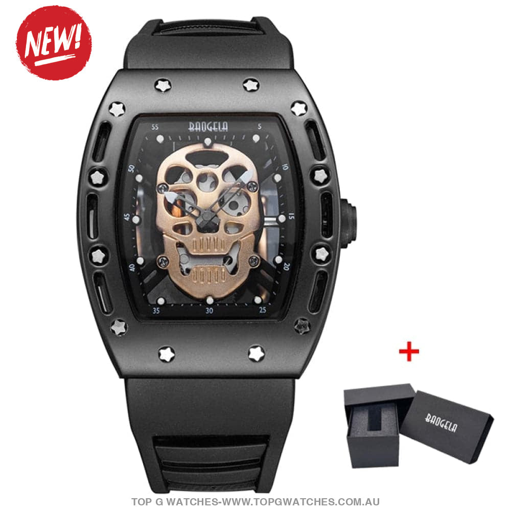 Infamous Baogela Tonneau Skull Style Luminous Quartz Skeleton Waterproof 3ATM Wristwatch - Top G Watches