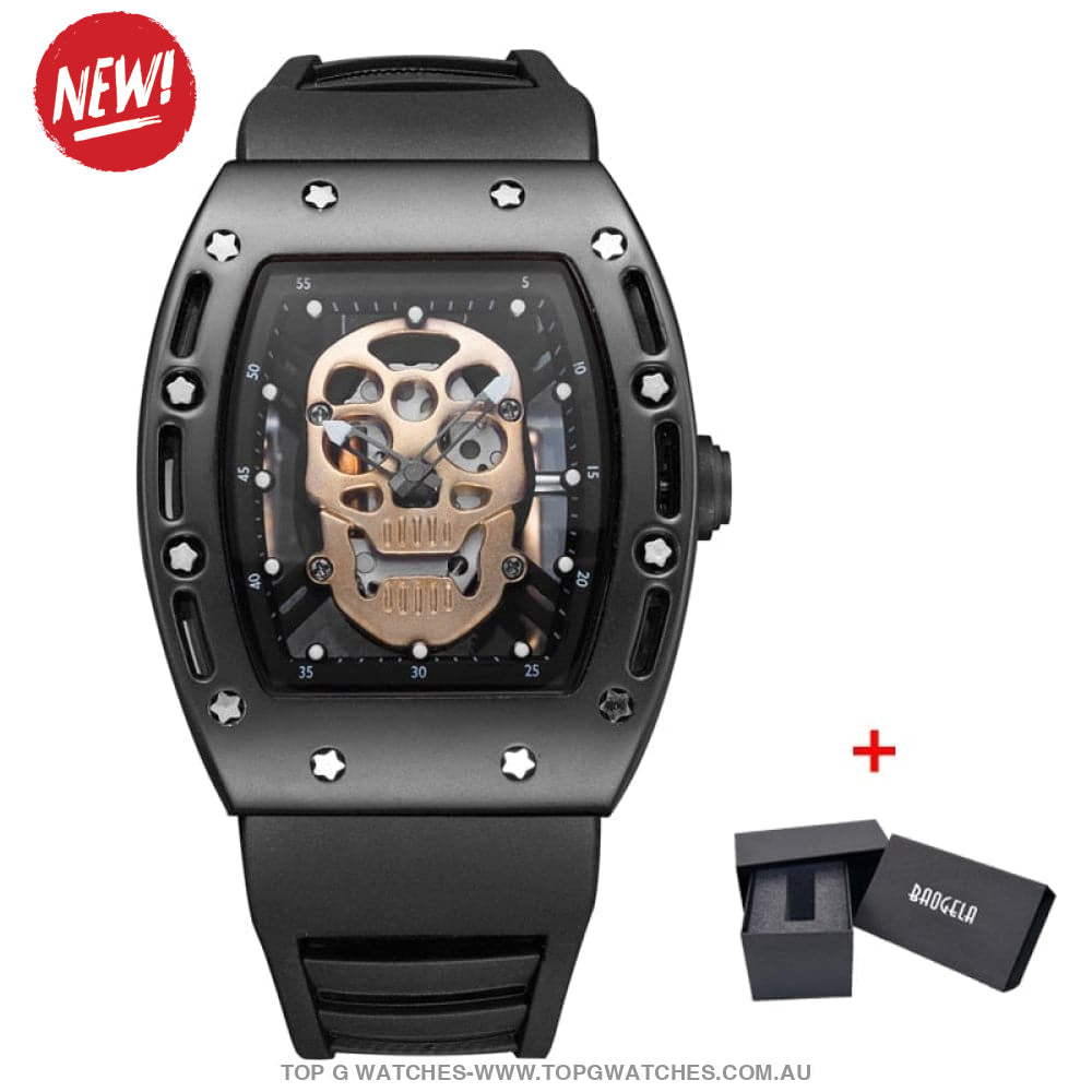 Infamous Baogela Tonneau Skull Style Luminous Quartz Skeleton Waterproof 3ATM Wristwatch - Top G Watches