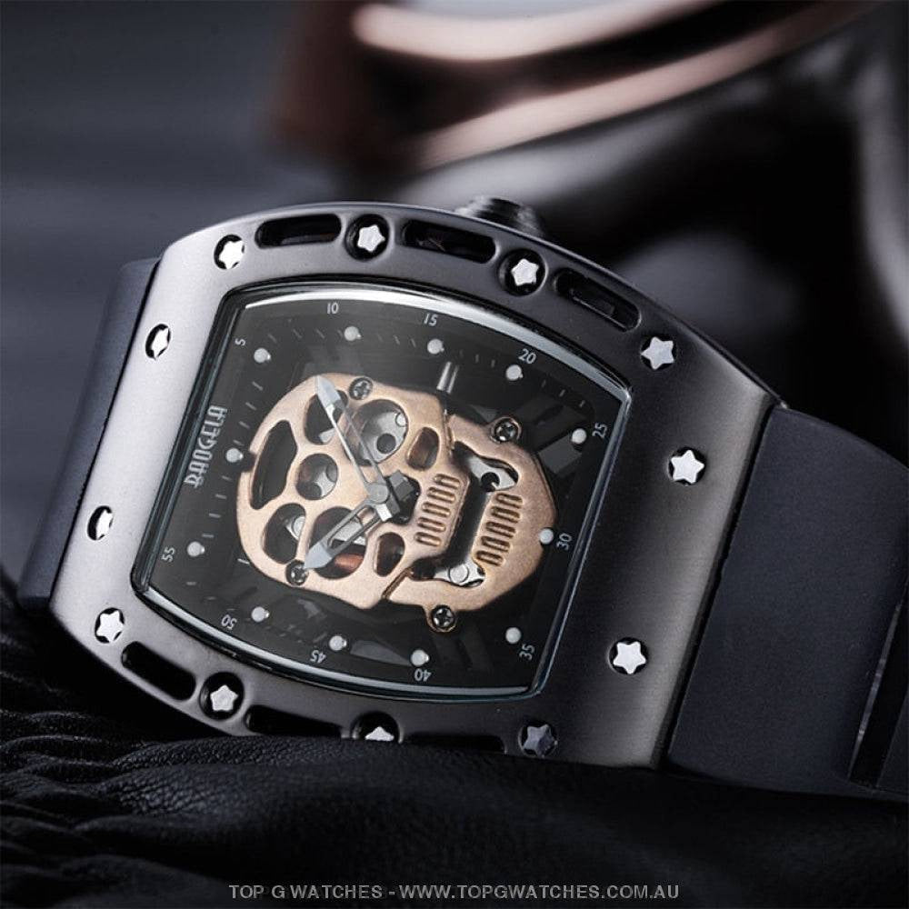 Infamous Baogela Tonneau Skull Style Luminous Quartz Skeleton Waterproof 3ATM Wristwatch - Top G Watches