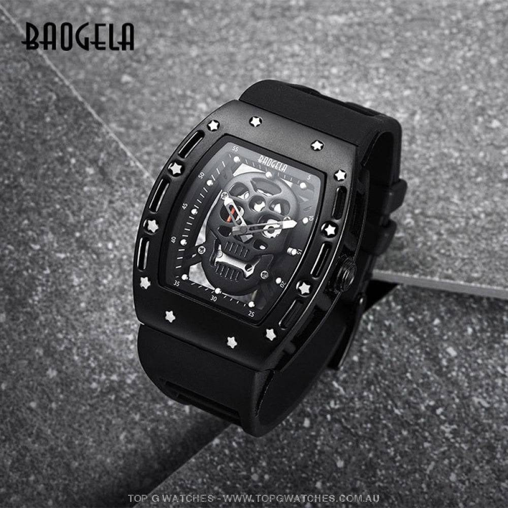 Infamous Baogela Tonneau Skull Style Luminous Quartz Skeleton Waterproof 3ATM Wristwatch - Top G Watches