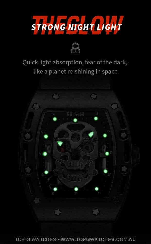 Infamous Baogela Tonneau Skull Style Luminous Quartz Skeleton Waterproof 3ATM Wristwatch - Top G Watches