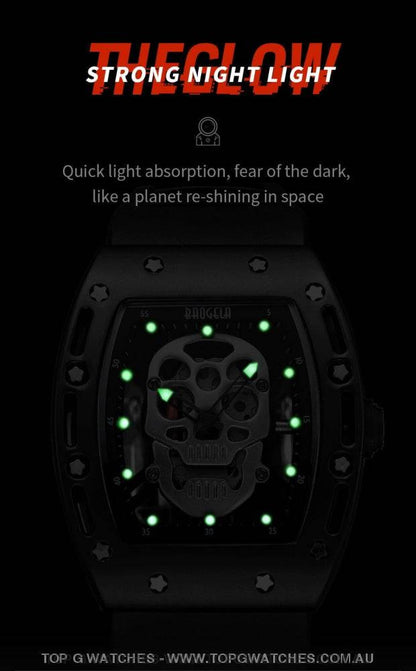 Infamous Baogela Tonneau Skull Style Luminous Quartz Skeleton Waterproof 3ATM Wristwatch - Top G Watches