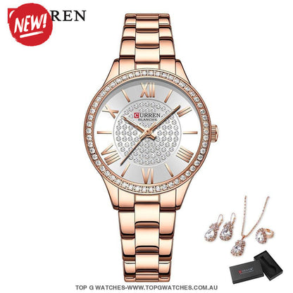 Ladies' CURREN Diamond Finish Luxury 5pc Jewellery Set - 9084 Luxury Ring Earrings Necklace Watch Mega Combo. - Top G Watches