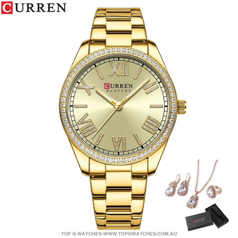 Ladies Curren Diamond Finish Luxury 5Pc Jewellery Set - 9088 Ring Earrings Necklace Watch Mega