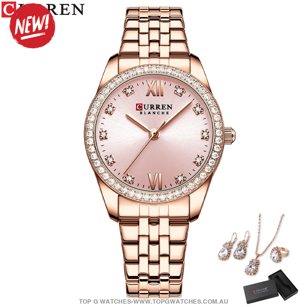 Ladies Curren Diamond Finish Luxury 5Pc Jewellery Set - Series 9086 Ring Earrings Necklace Watch