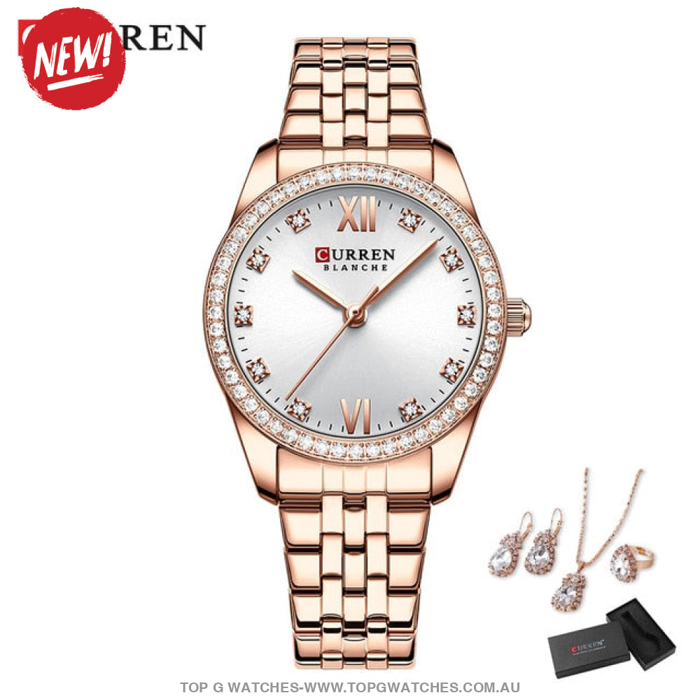 Ladies Curren Diamond Finish Luxury 5Pc Jewellery Set - Series 9086 Ring Earrings Necklace Watch