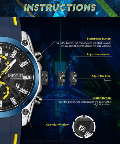 Latest GT Sports Touring Megir' Quartz Chronograph Sports 30M Waterproof Luminous Hands 2144 Wristwatch - Top G Watches