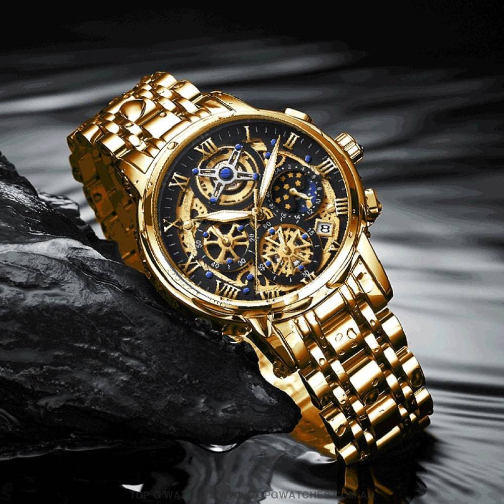 Luxury Gold Lige 3ATM Waterproof Sports Multi-Dial Quartz Dress Wristwatch - Top G Watches