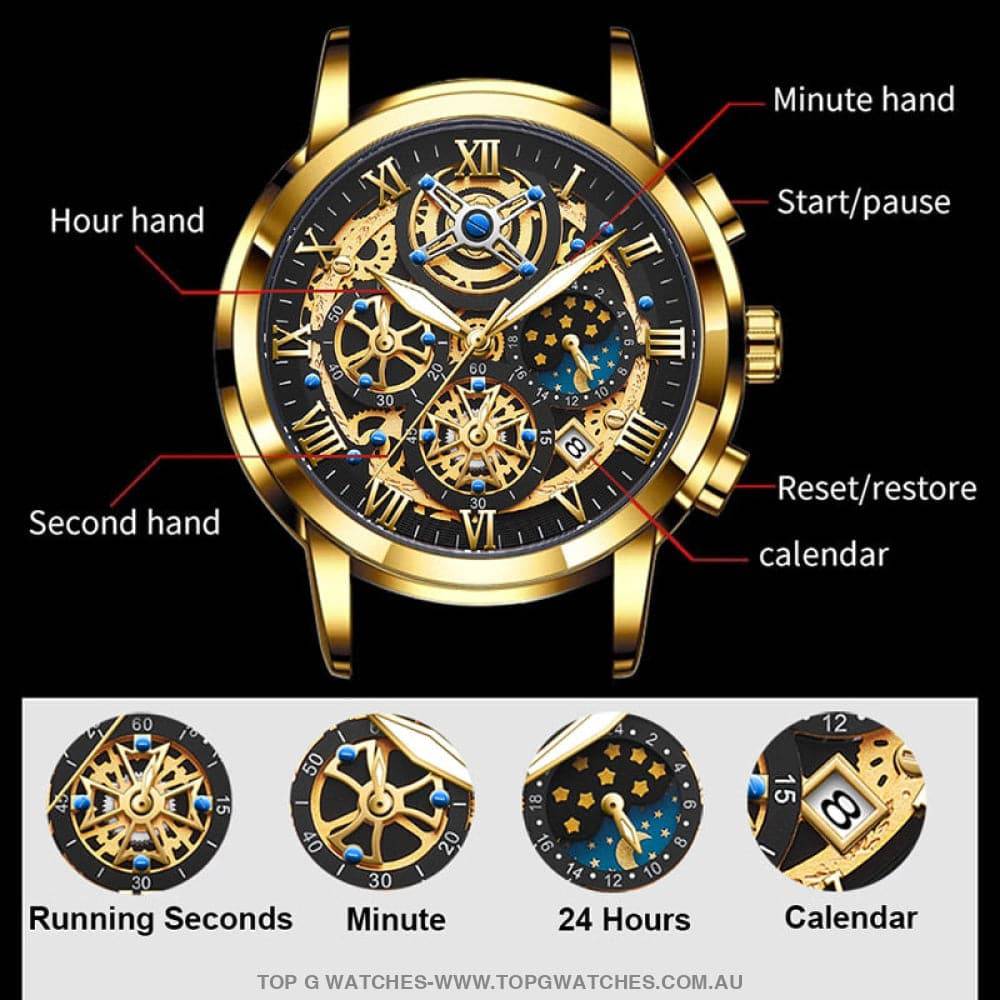 Luxury Gold Lige 3ATM Waterproof Sports Multi-Dial Quartz Dress Wristwatch - Top G Watches