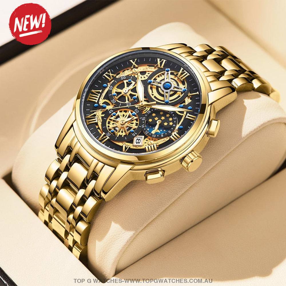 Luxury Gold Lige 3ATM Waterproof Sports Multi-Dial Quartz Dress Wristwatch - Top G Watches