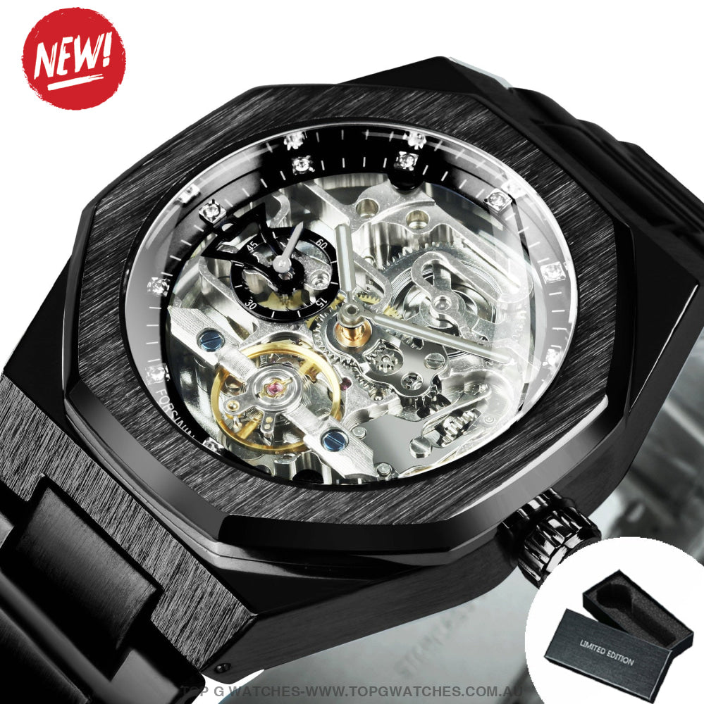 Luxury Forsining Tourbillon Hollow Mechanical Automatic Brushed Stainless-Steel Men's Business Dress Watch - Top G Watches