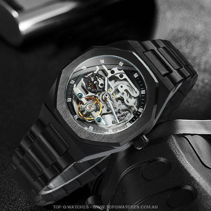 Luxury Forsining Tourbillon Hollow Mechanical Automatic Brushed Stainless-Steel Men's Business Dress Watch - Top G Watches