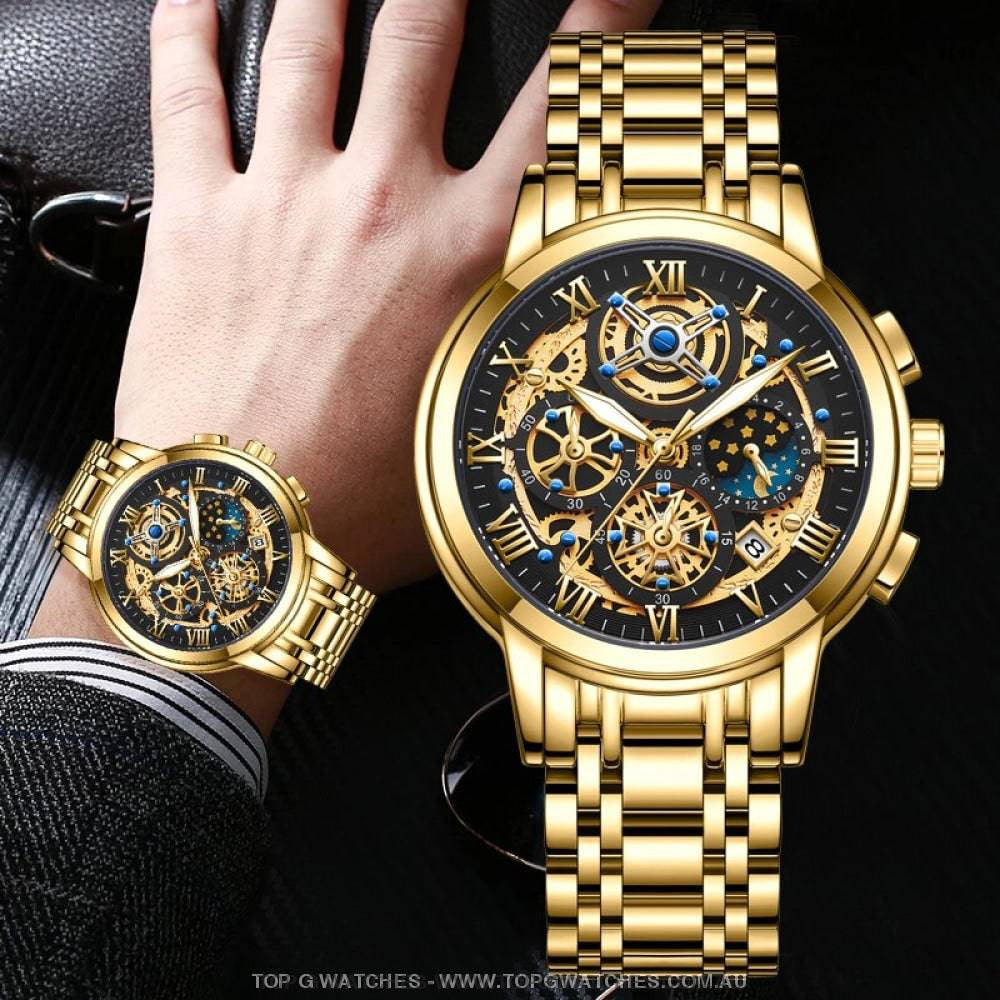 Luxury Gold Lige 3ATM Waterproof Sports Multi-Dial Quartz Dress Wristwatch - Top G Watches