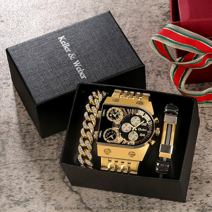 Luxury Gold Unique Wristwatch Calendar Big Dial Quartz Wristwatch Bracelet Combo Gift Set - Top G Watches