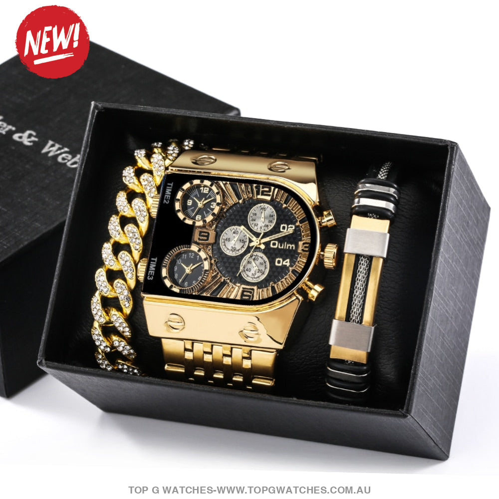 Luxury Gold Unique Wristwatch Calendar Big Dial Quartz Wristwatch Bracelet Combo Gift Set - Top G Watches