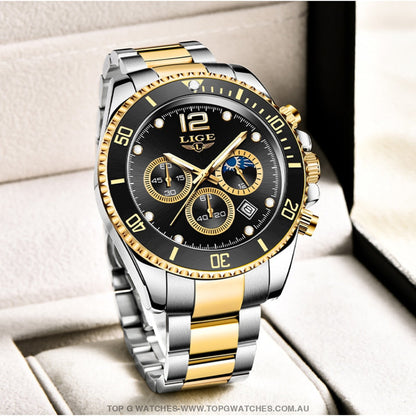 Luxury LIGE Stainless Steel 24Hour Moon Phase Sport Waterproof Quartz Chronograph Business Wrist Watch - Top G Watches