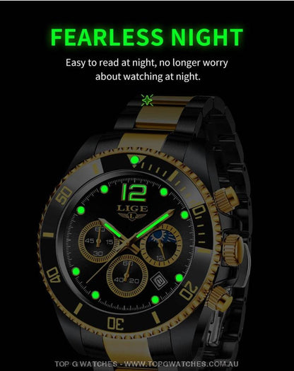 Luxury Lige' 24Hour Moon Phase Sport Waterproof Quartz Chronograph Business Wrist Watch - Top G Watches