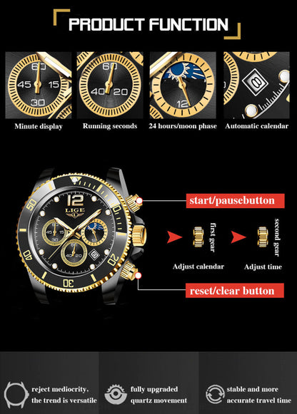 Luxury LIGE Stainless Steel 24Hour Moon Phase Sport Waterproof Quartz Chronograph Business Wrist Watch - Top G Watches