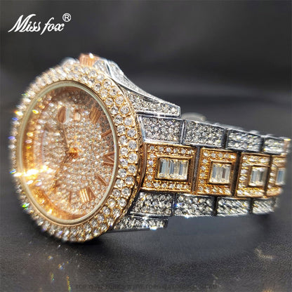 Luxury MISSFOX Ice Out Diamond Finish Bezel Round Calendar Quartz Fashion Dress Watch - Top G Watches