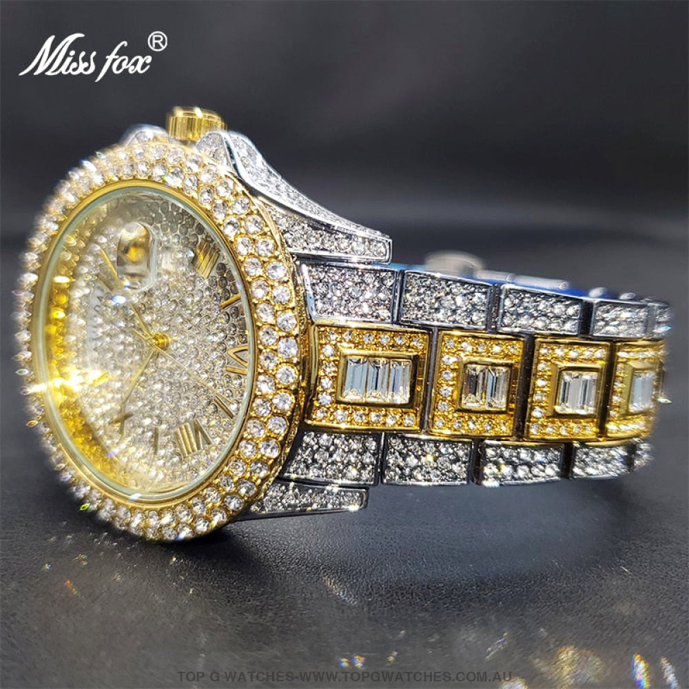 Luxury MISSFOX Ice Out Diamond Finish Bezel Round Calendar Quartz Fashion Dress Watch - Top G Watches