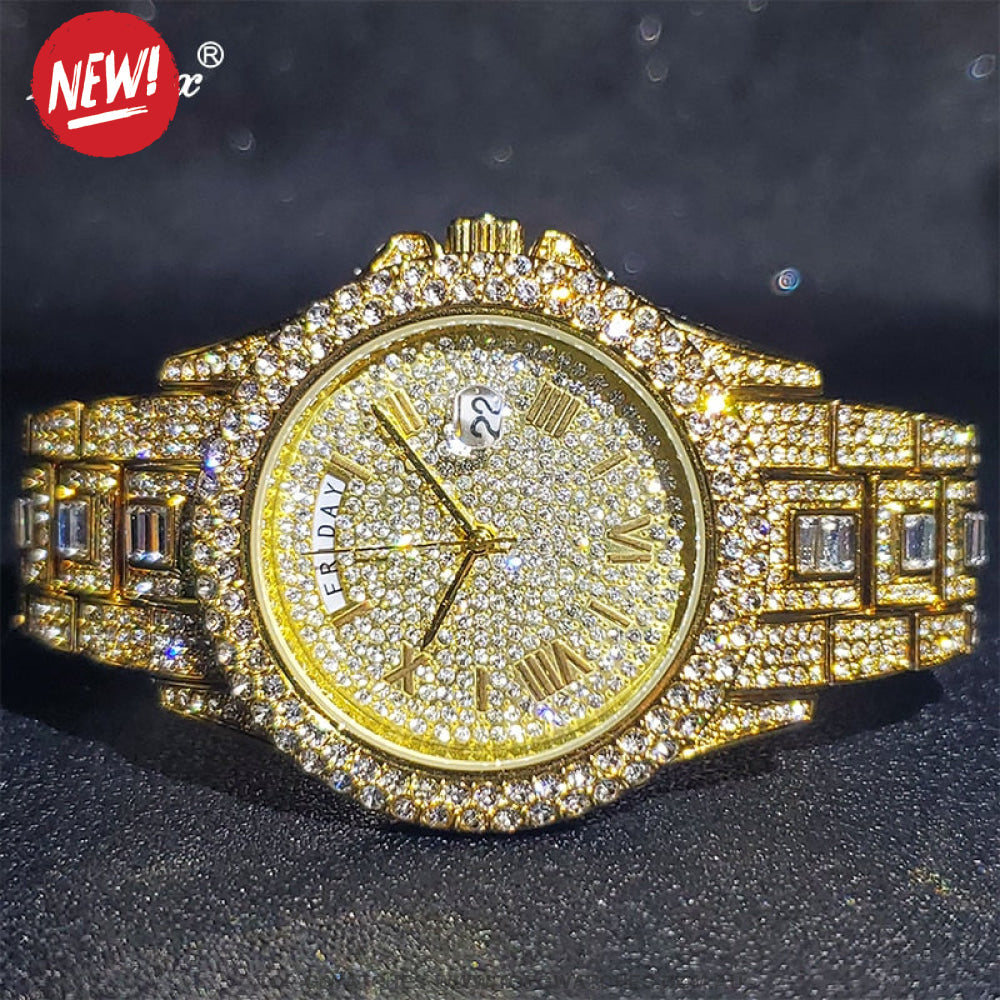 Luxury MISSFOX Ice Out Diamond Finish Bezel Round Calendar Quartz Fashion Dress Watch - Top G Watches