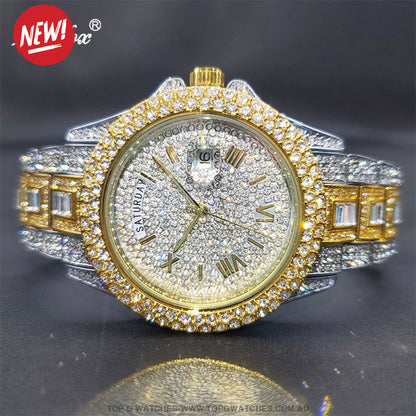 Luxury MISSFOX Ice Out Diamond Finish Bezel Round Calendar Quartz Fashion Dress Watch - Top G Watches