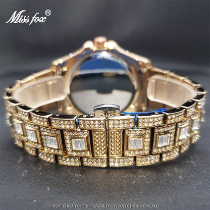 Luxury Miss Foxy Iced-Out Diamond Finish Bezel Calendar Quartz Fashion Dress Watch - Top G Watches