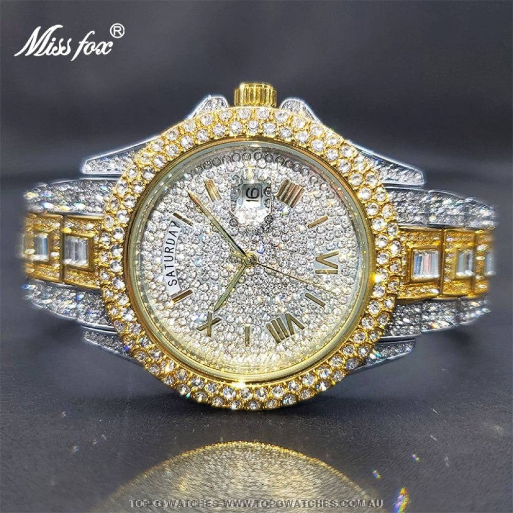 Luxury Miss Foxy Iced-Out Diamond Finish Bezel Calendar Quartz Fashion Dress Watch - Top G Watches