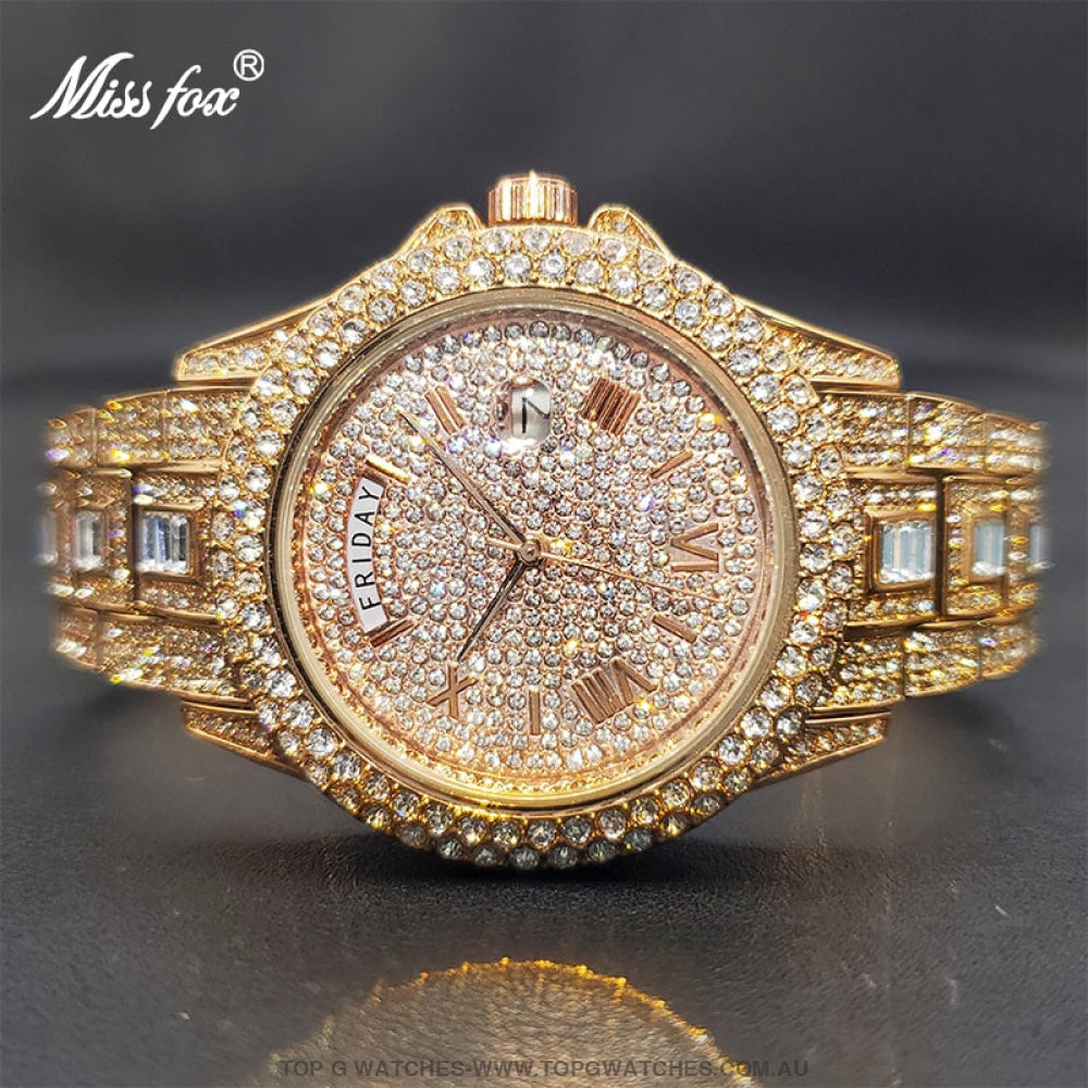 Luxury MISSFOX Ice Out Diamond Finish Bezel Round Calendar Quartz Fashion Dress Watch - Top G Watches