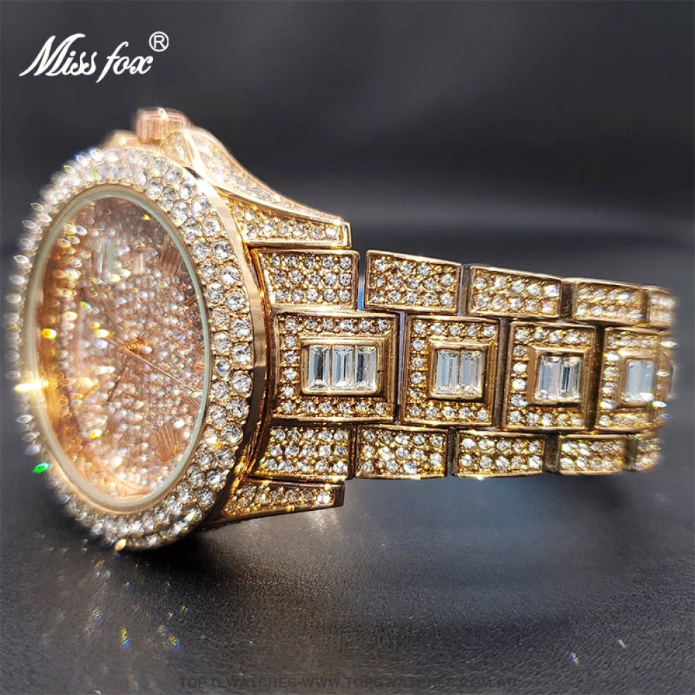 Luxury MISSFOX Ice Out Diamond Finish Bezel Round Calendar Quartz Fashion Dress Watch - Top G Watches