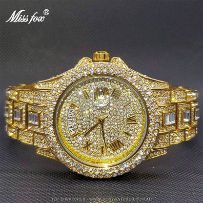 Luxury Miss Foxy Iced-Out Diamond Finish Bezel Calendar Quartz Fashion Dress Watch - Top G Watches